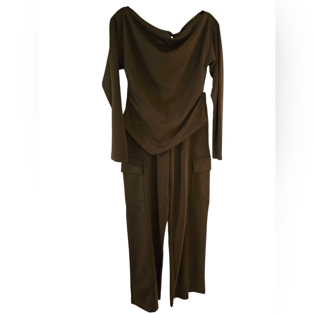 A. PEACH 2 Piece Olive Lounge Set With Asymmetrical Top, Size Medium